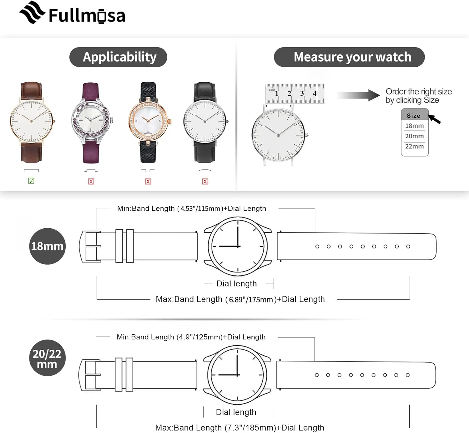 Fullmosa 18mm 20mm 22mm Quick Release Watch Band Breathable Leather Silicone Strap for Garmin Vivoactive 4/5 Venu 2/3/Sq for Women Men White Black buckle 20mm