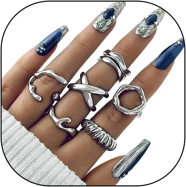 FUTIMELY 6 Pcs Gold Plated Stackable Ring Set for Women Irregular Silver Geometric Chunky Metal Knuckle Rings Adjustable Thumb Rings Jewelry Gifts