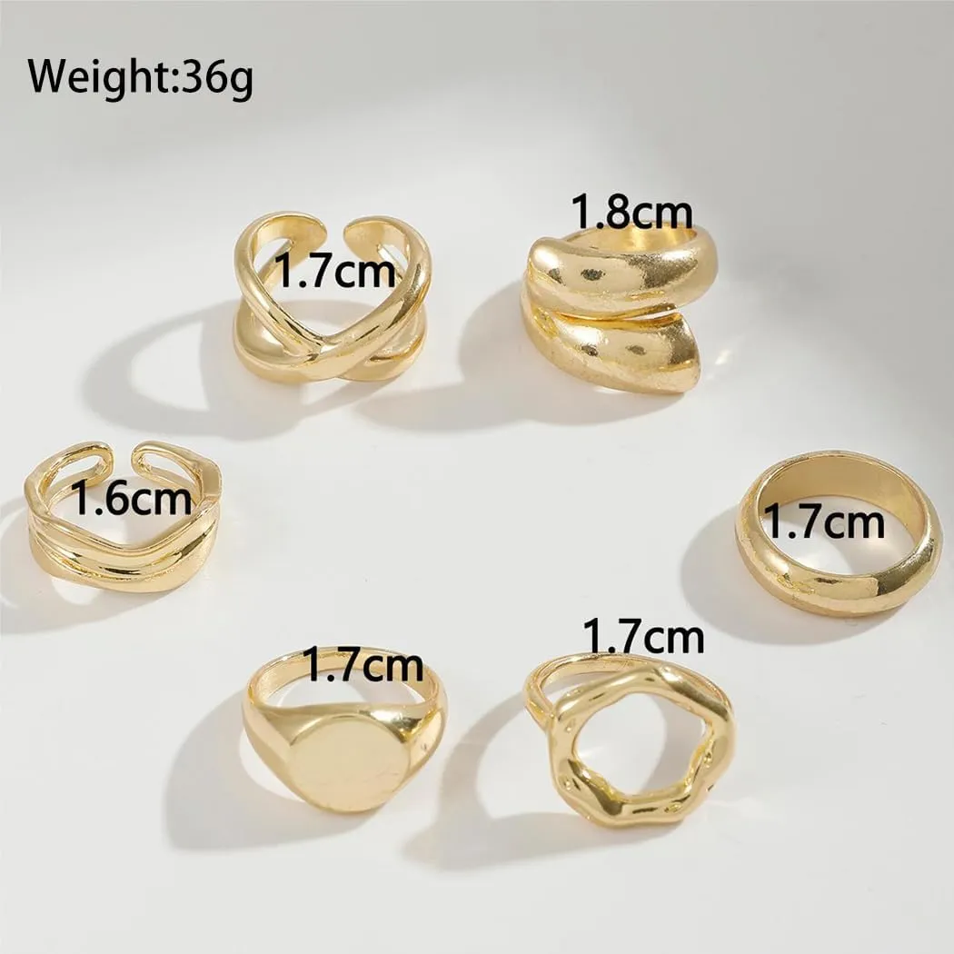 FUTIMELY 6 Pcs Gold Plated Stackable Ring Set for Women Irregular Silver Geometric Chunky Metal Knuckle Rings Adjustable Thumb Rings Jewelry Gifts