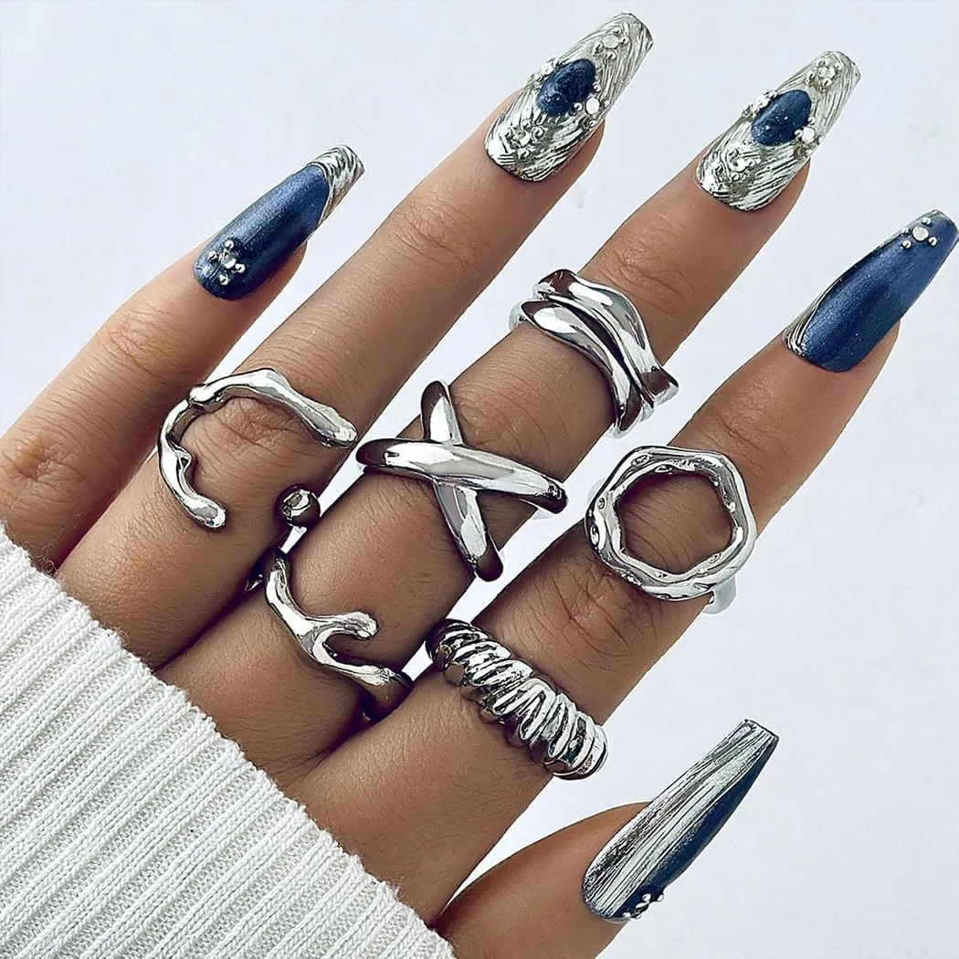 FUTIMELY 6 Pcs Gold Plated Stackable Ring Set for Women Irregular Silver Geometric Chunky Metal Knuckle Rings Adjustable Thumb Rings Jewelry Gifts