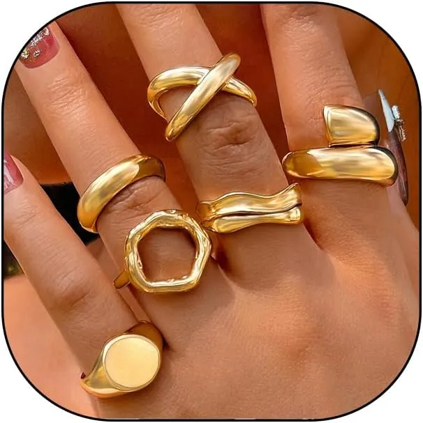 FUTIMELY 6 Pcs Gold Plated Stackable Ring Set for Women Irregular Silver Geometric Chunky Metal Knuckle Rings Adjustable Thumb Rings Jewelry Gifts