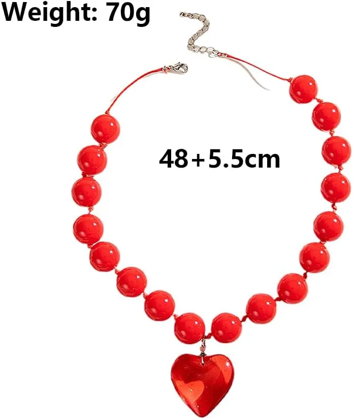 FUTIMELY Chunky Beaded Heart Charming Necklace for Women,Y2k Puffy Love Pendant Round Beads Strand Necklaces,Punk Red Resin Heart Choker Cool Halloween Jewelry
