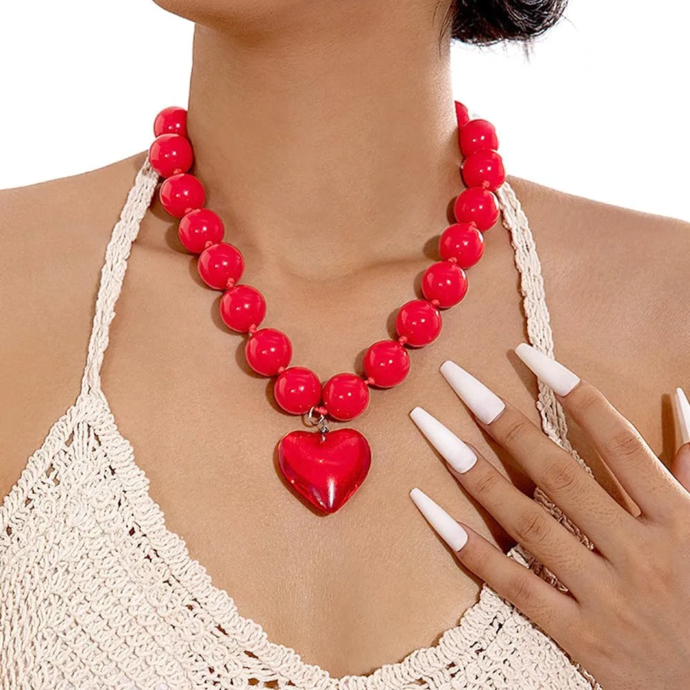 FUTIMELY Chunky Beaded Heart Charming Necklace for Women,Y2k Puffy Love Pendant Round Beads Strand Necklaces,Punk Red Resin Heart Choker Cool Halloween Jewelry