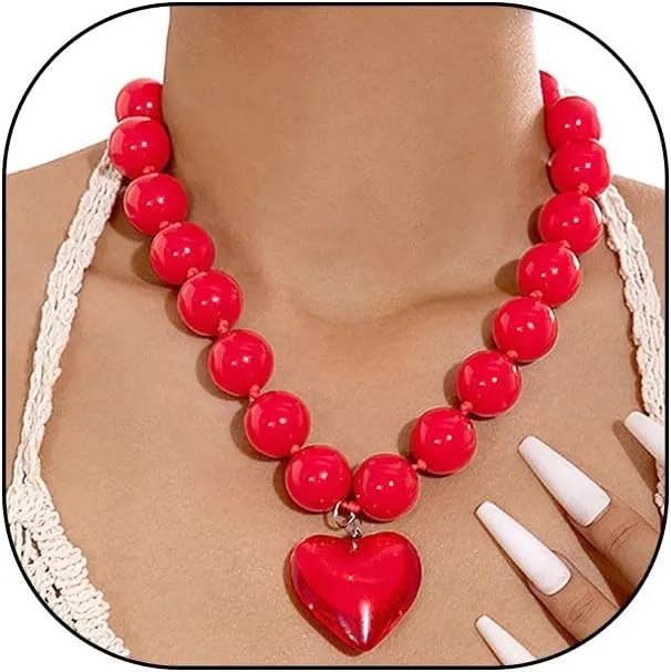 FUTIMELY Chunky Beaded Heart Charming Necklace for Women,Y2k Puffy Love Pendant Round Beads Strand Necklaces,Punk Red Resin Heart Choker Cool Halloween Jewelry