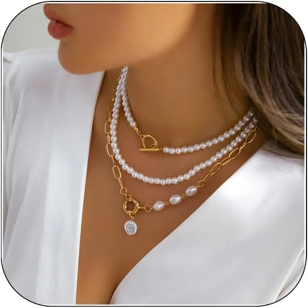 FUTIMELY Layered Pearl Necklaces for Women Girls,Dainty 14K Gold Plated Handmade Freshwater Baroque Pearl Paperclip Chain Choke Necklace Preppy Fashion Jewelry