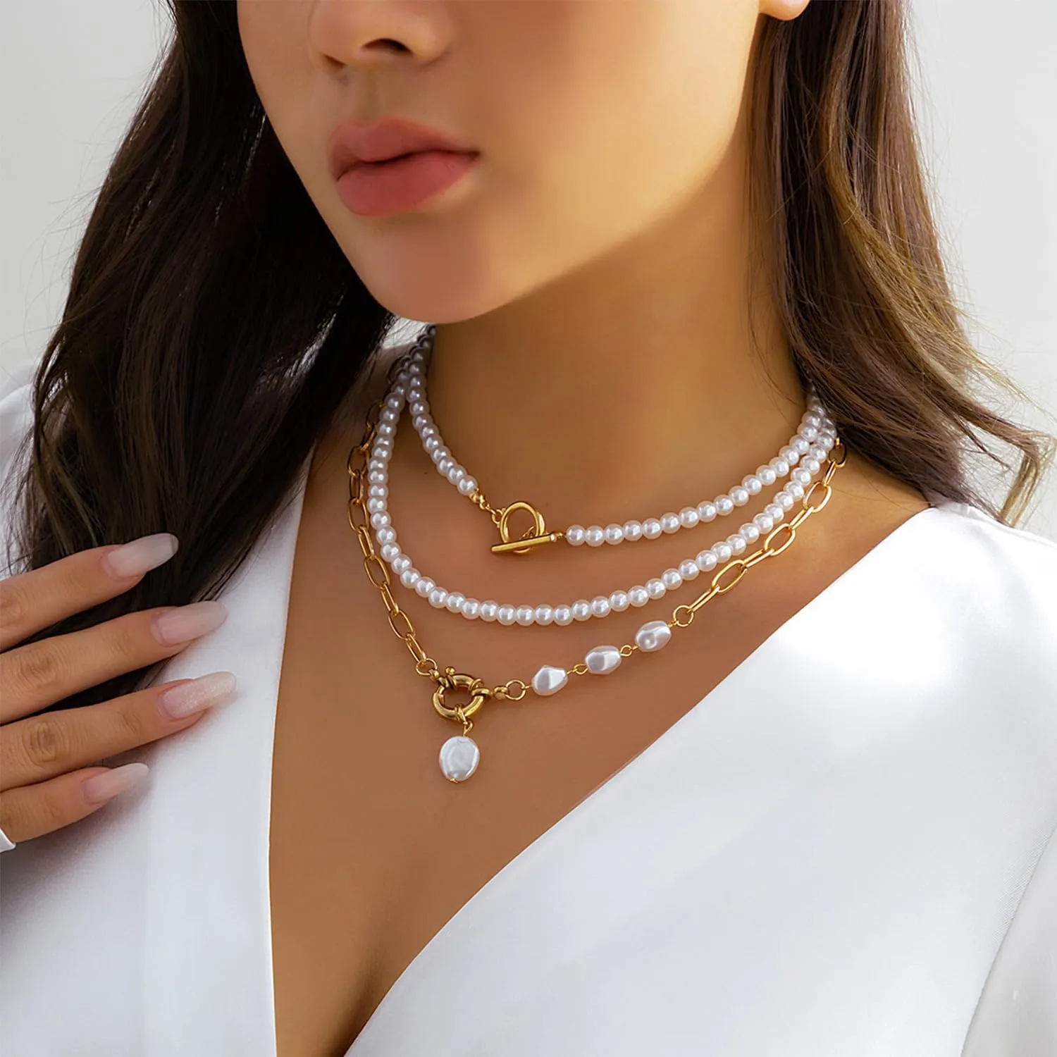 FUTIMELY Layered Pearl Necklaces for Women Girls,Dainty 14K Gold Plated Handmade Freshwater Baroque Pearl Paperclip Chain Choke Necklace Preppy Fashion Jewelry