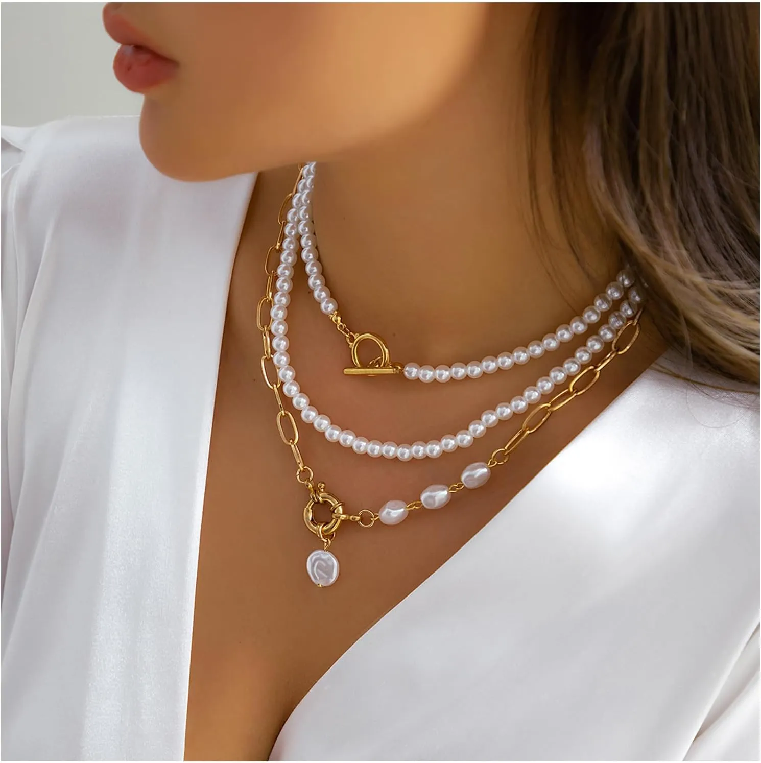 FUTIMELY Layered Pearl Necklaces for Women Girls,Dainty 14K Gold Plated Handmade Freshwater Baroque Pearl Paperclip Chain Choke Necklace Preppy Fashion Jewelry