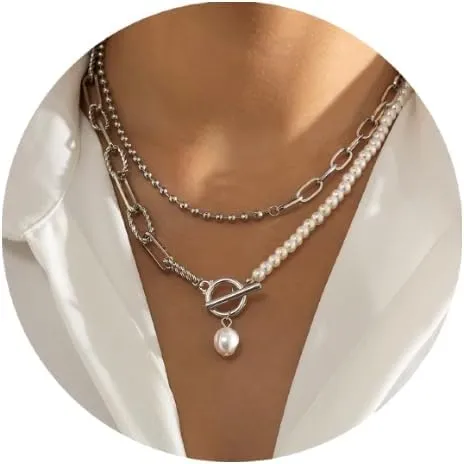 FUTIMELY Layered Pearl Necklaces for Women Girls,Dainty 14K Gold Plated Handmade Freshwater Baroque Pearl Paperclip Chain Choke Necklace Preppy Fashion Jewelry