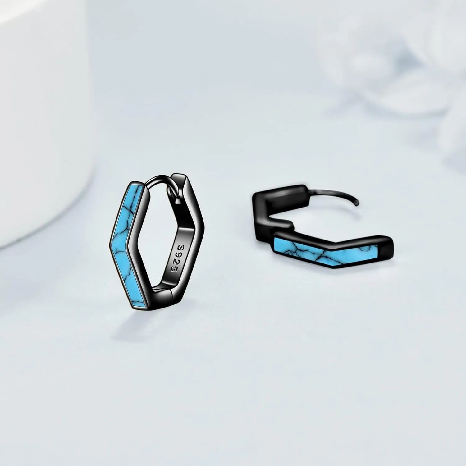 Geometric Hoop Earrings Paperclip Star Hoop Earrings Sterling Silver Hexagon/White Opal/Abalone Shell/Turquoise Jewelry Gifts for Women Men