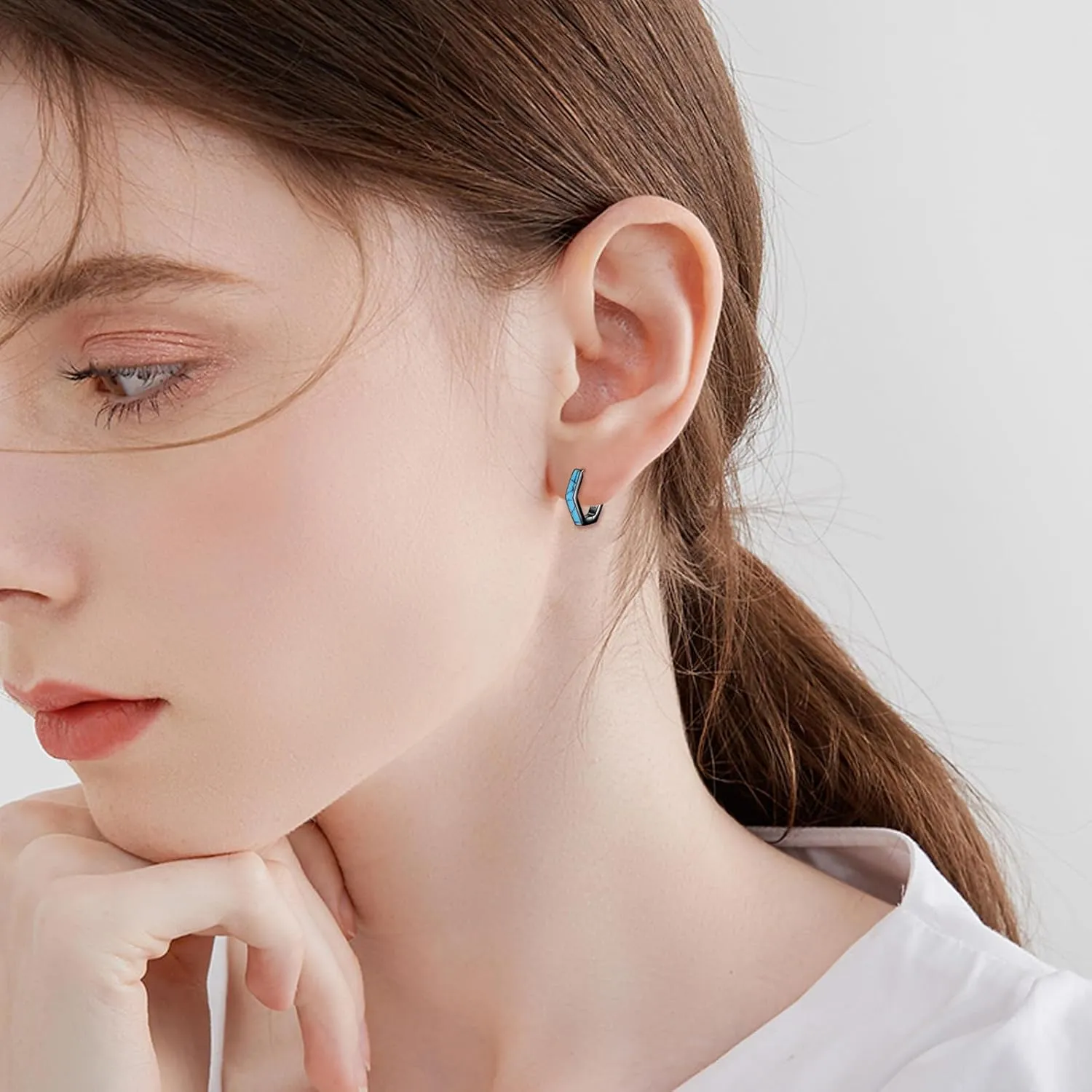 Geometric Hoop Earrings Paperclip Star Hoop Earrings Sterling Silver Hexagon/White Opal/Abalone Shell/Turquoise Jewelry Gifts for Women Men
