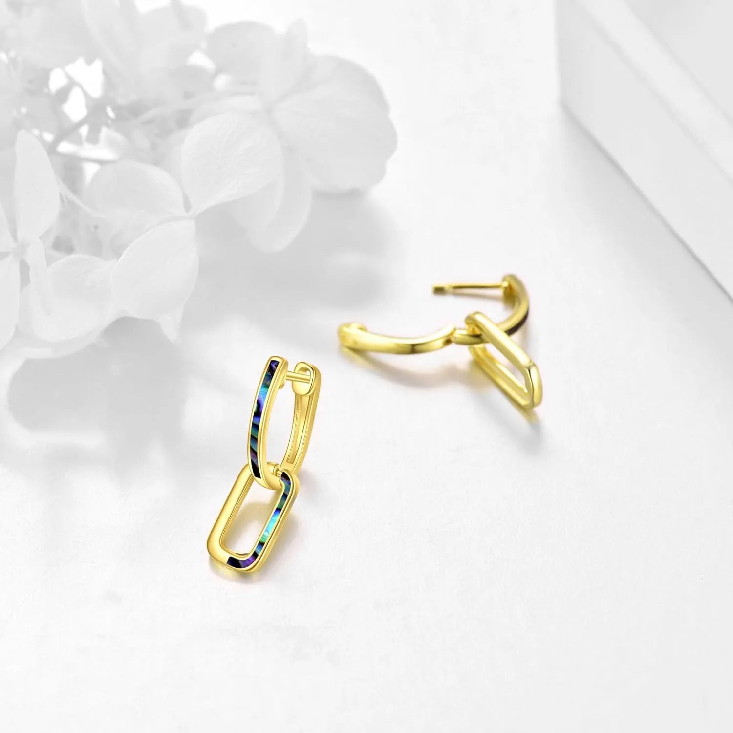Geometric Hoop Earrings Paperclip Star Hoop Earrings Sterling Silver Hexagon/White Opal/Abalone Shell/Turquoise Jewelry Gifts for Women Men