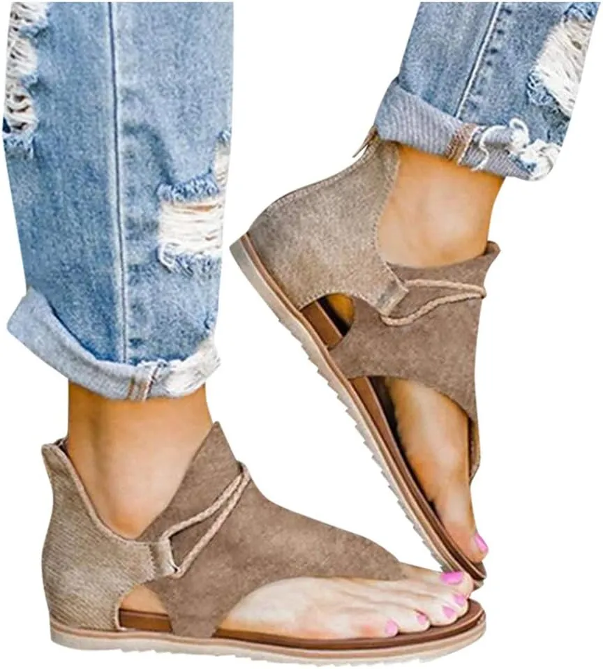 Gibobby Sandals for Women Gladiator Boho Thong Sandals Beach Shoes Back Zip Flats Heel Clip-Toe Sandal Summer Casual Flat Shoes