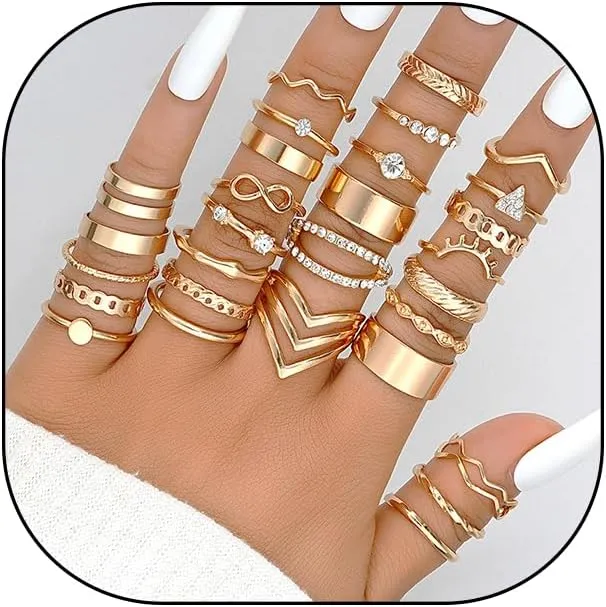 GIGB PBDK 30Pcs Gold Stacked Knuckle Joint Ring Set, Dainty Trendy Cute Multiple Size Zircon Geometric Ring, Fashion Irregular Simple Jewelry Gift for Women