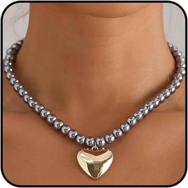 GIGB PBDK Chunky Gold Heart Beaded Pendant Necklace for Women Adjustable Puffy Heart Balls Choker Necklaces Trendy Love Beads Necklaces Jewelry Accessories