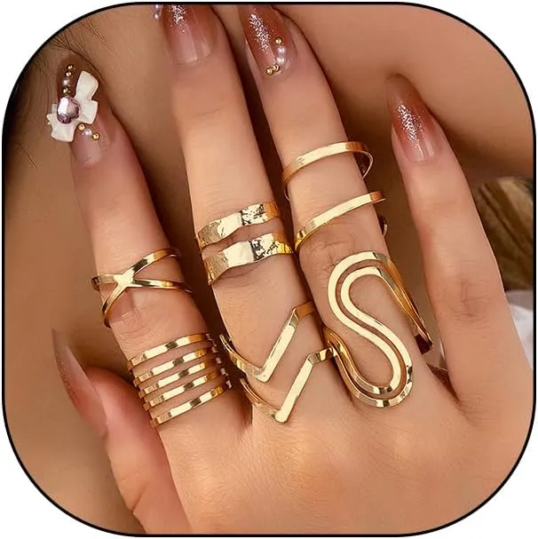 GIGB PBDK Chunky Gold Stacked S Knuckle Ring Set, Simple Daily Party Open Adjustable Retro Ring, Multi Layer Boho Dainty Punk Hip Hop Smooth Finger Gift