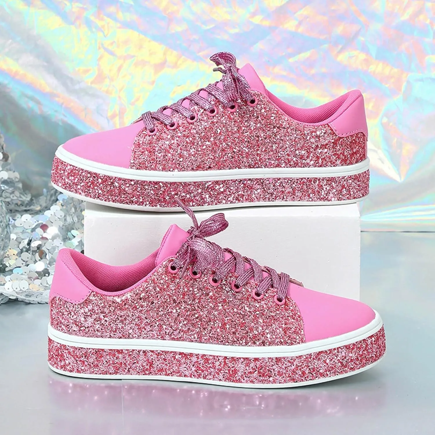 Glitter Sneakers for Women Women Glitter Sneakers Fashion Shiny Sparkle Sneakers Comfortable Lace Up Walking Shoes Cute