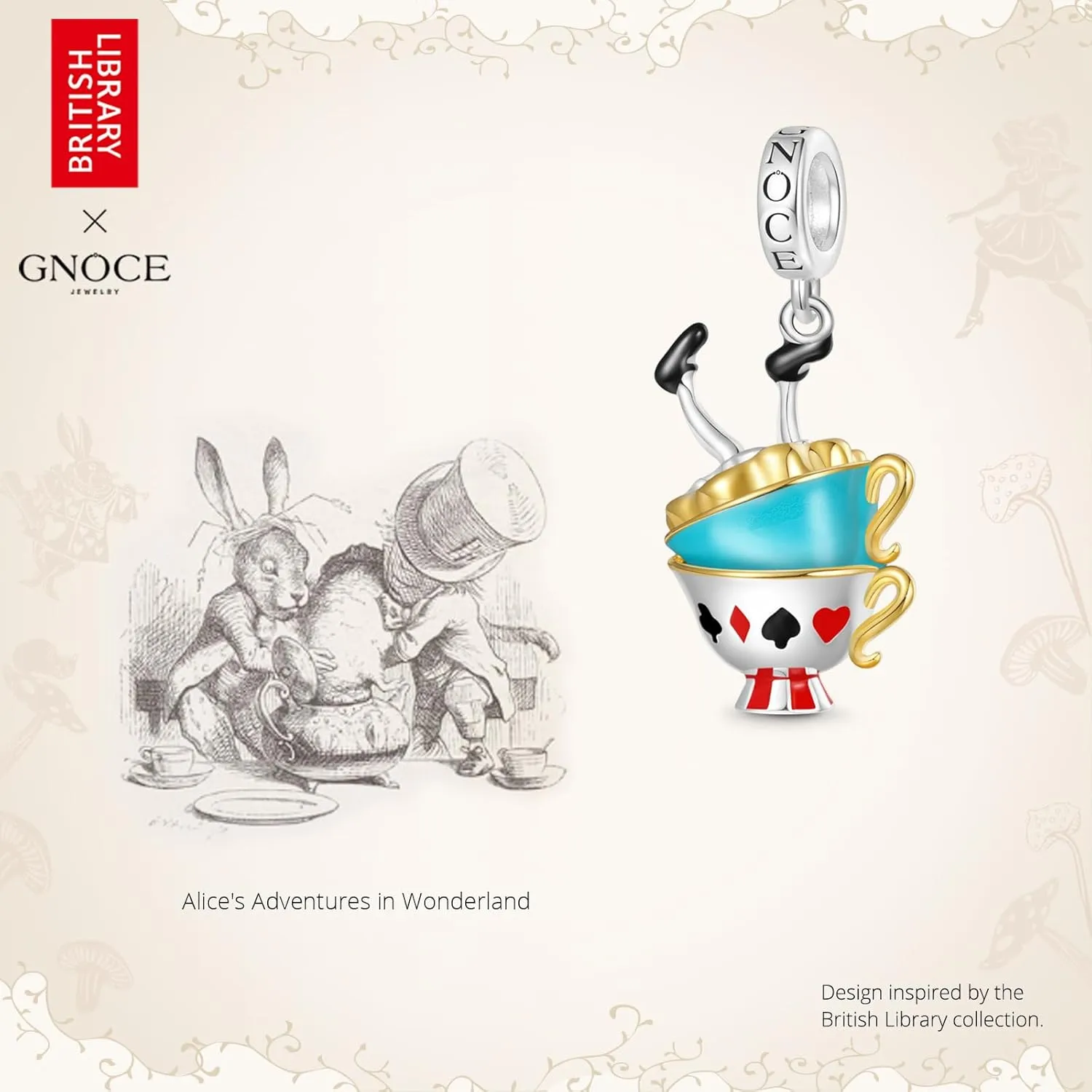 GNOCE Alice's Adventures in Wonderland Charm, S925 Sterling Silver Dangle Charms for Women Wife, Valentines Day, Mothers Day Jewelry Gift