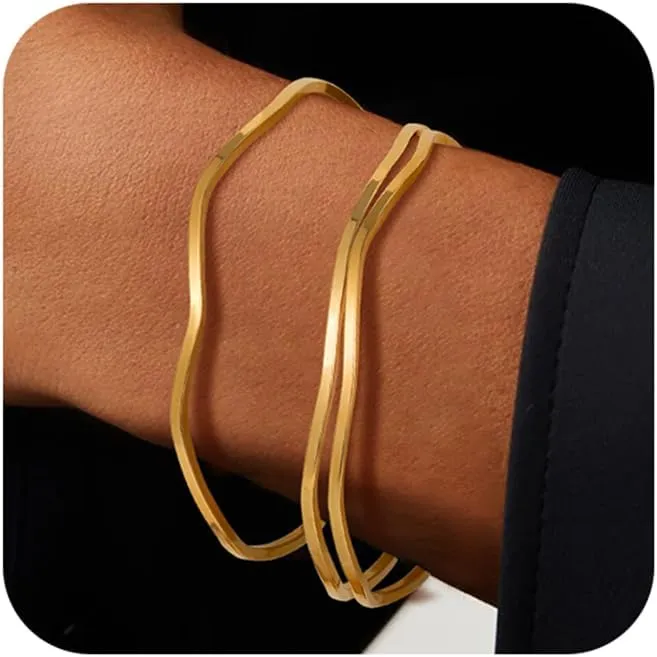 Gold Bangles for Women 18K Gold Plated Stainless Steel Glossy Stackable Thin Round Bracelets Solid Plain Polished Bangles Bracelets Set of 3 Jewelry for Women