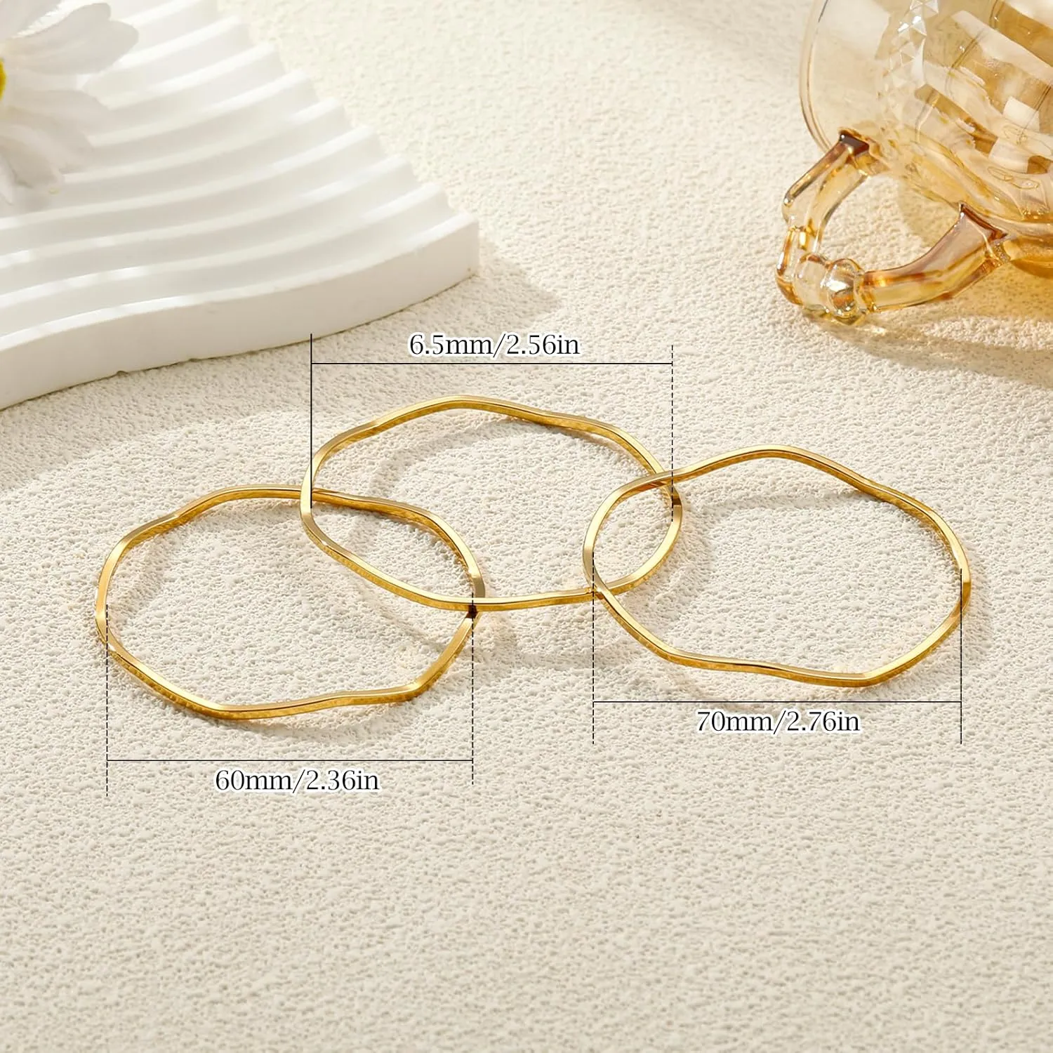 Gold Bangles for Women 18K Gold Plated Stainless Steel Glossy Stackable Thin Round Bracelets Solid Plain Polished Bangles Bracelets Set of 3 Jewelry for Women