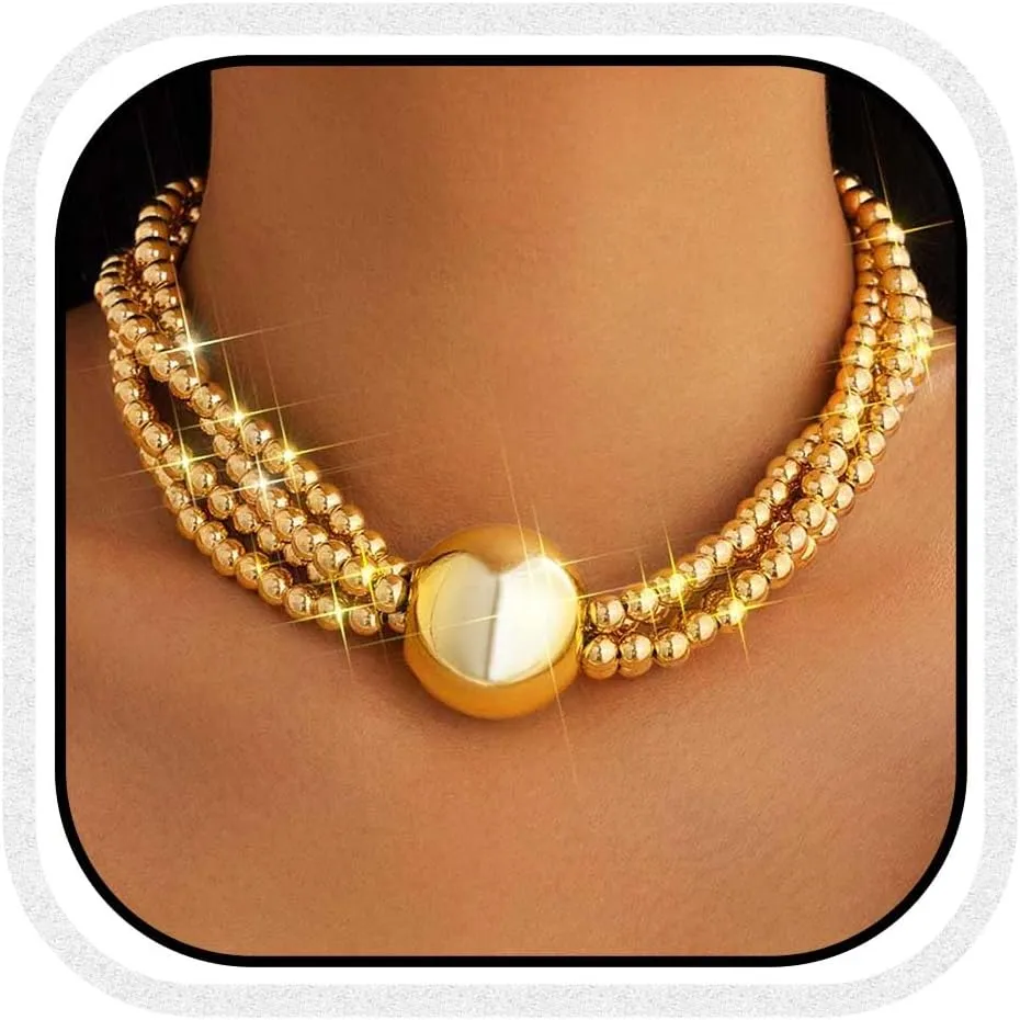 Gold Beaded Statement Necklaces Bead Chunky Chokers Necklace for Women