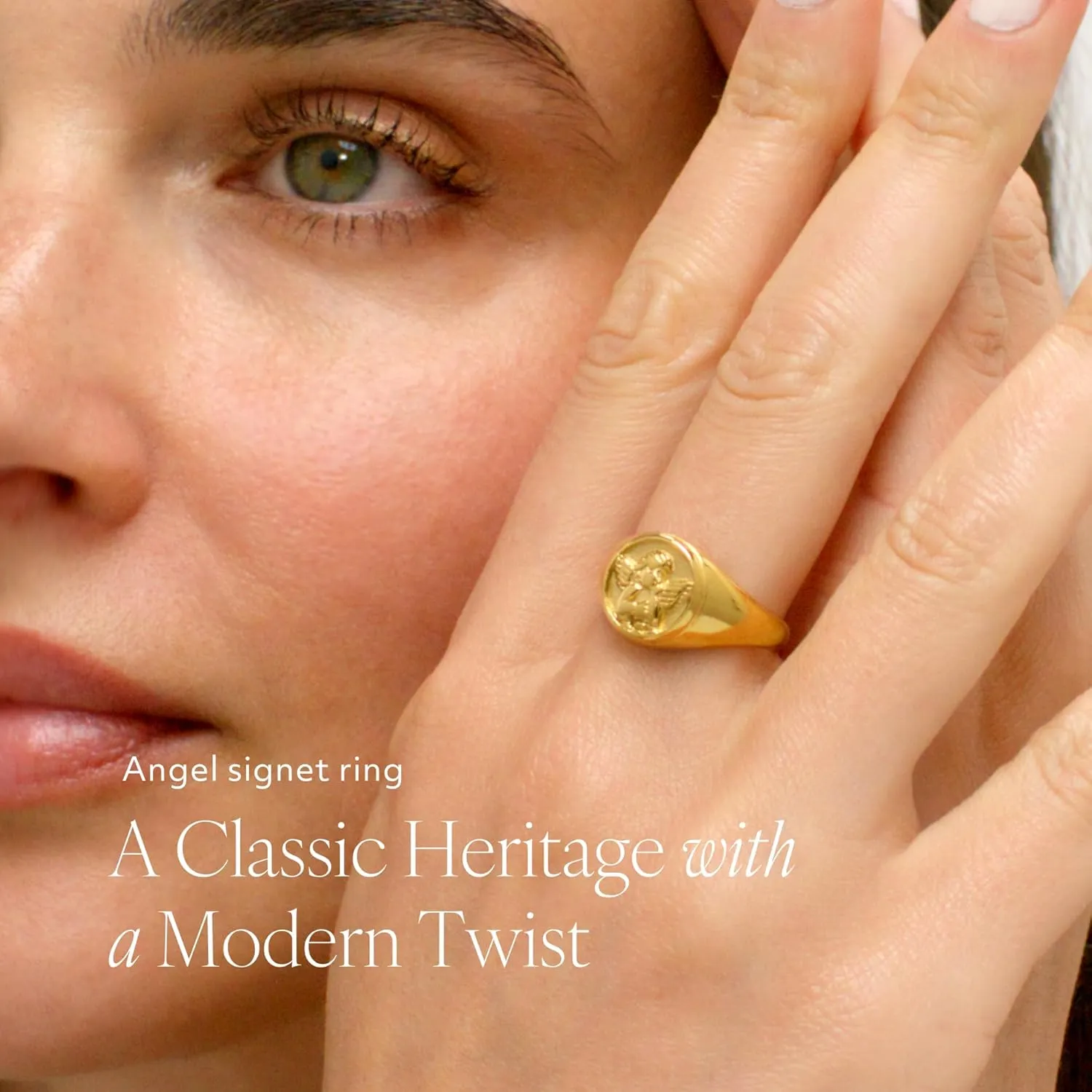 Gold Chunky Signet Stackable Pinky Ring for Women Men, Guardian Angel Cherub, Tarnish-Resistant 18K Gold Plated Stainless Steel Size 3 4 5 6 7 8 9 10 11