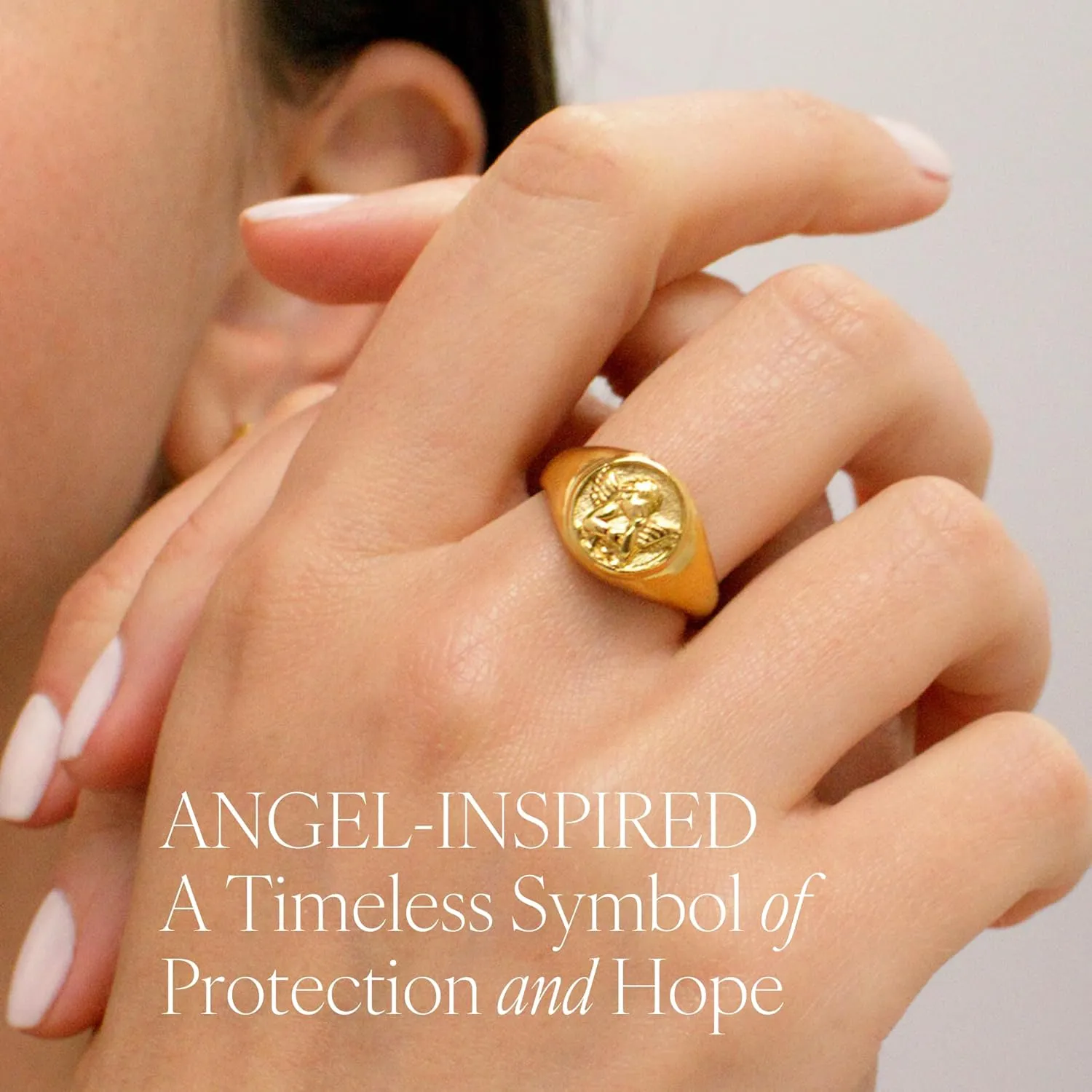 Gold Chunky Signet Stackable Pinky Ring for Women Men, Guardian Angel Cherub, Tarnish-Resistant 18K Gold Plated Stainless Steel Size 3 4 5 6 7 8 9 10 11