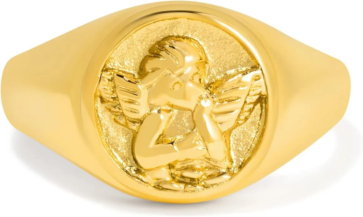 Gold Chunky Signet Stackable Pinky Ring for Women Men, Guardian Angel Cherub, Tarnish-Resistant 18K Gold Plated Stainless Steel Size 3 4 5 6 7 8 9 10 11
