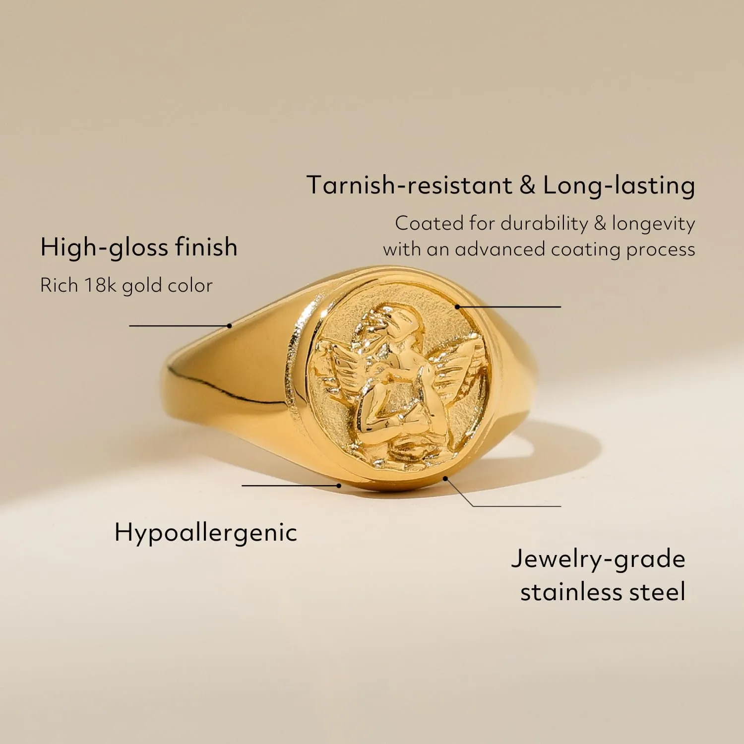 Gold Chunky Signet Stackable Pinky Ring for Women Men, Guardian Angel Cherub, Tarnish-Resistant 18K Gold Plated Stainless Steel Size 3 4 5 6 7 8 9 10 11