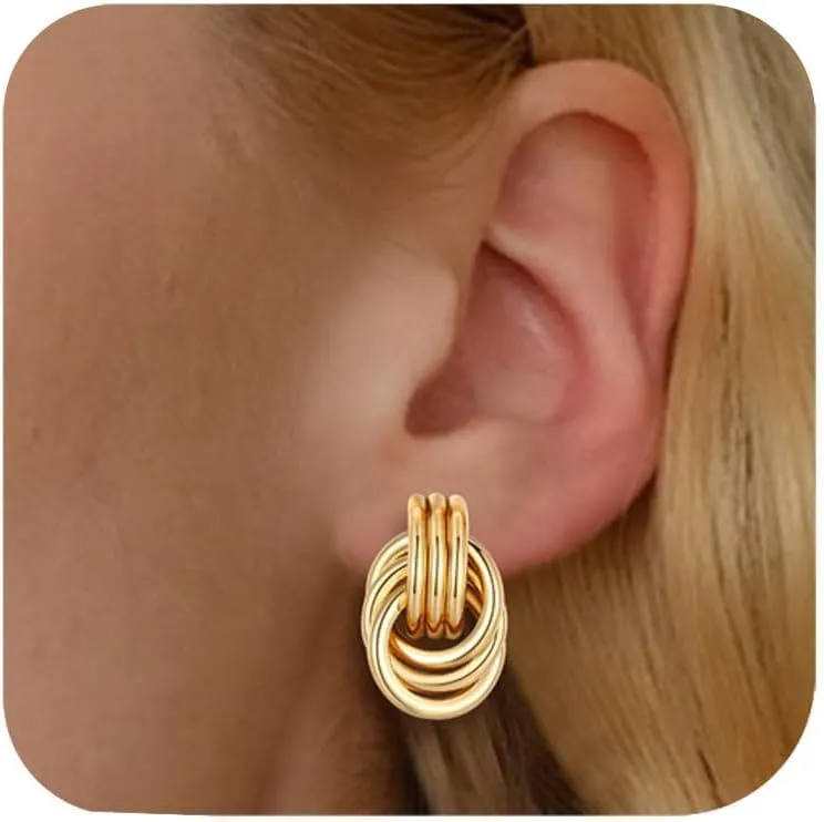 Gold Clip On Earrings for Women Knot Link Trendy Chunky Non Pierced Earring 14K Gold Plated Hoops Drop Dangle Earrings Lightweight Jewelry
