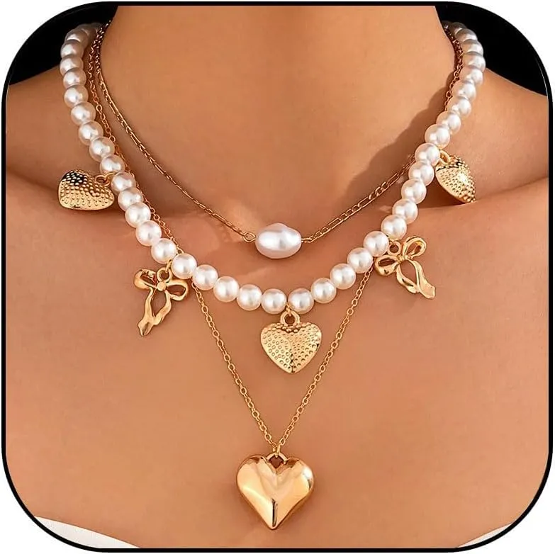Gold Heart Necklace for Women Pearl Heart Bow Charm Necklace Chunky Heart Necklaces Layered Hearts Necklaces Trendy Jewelry Gifts for Women