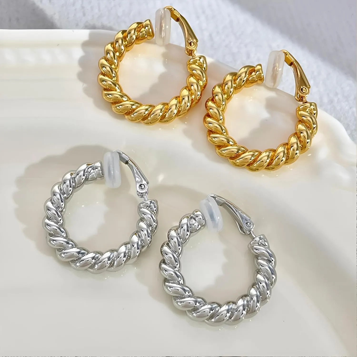 Gold Hoop Clip On Earrings for Women Twisted Thick Hoop Earrings Hypoallergenic Non Pierced Ears Hoops Jewelry