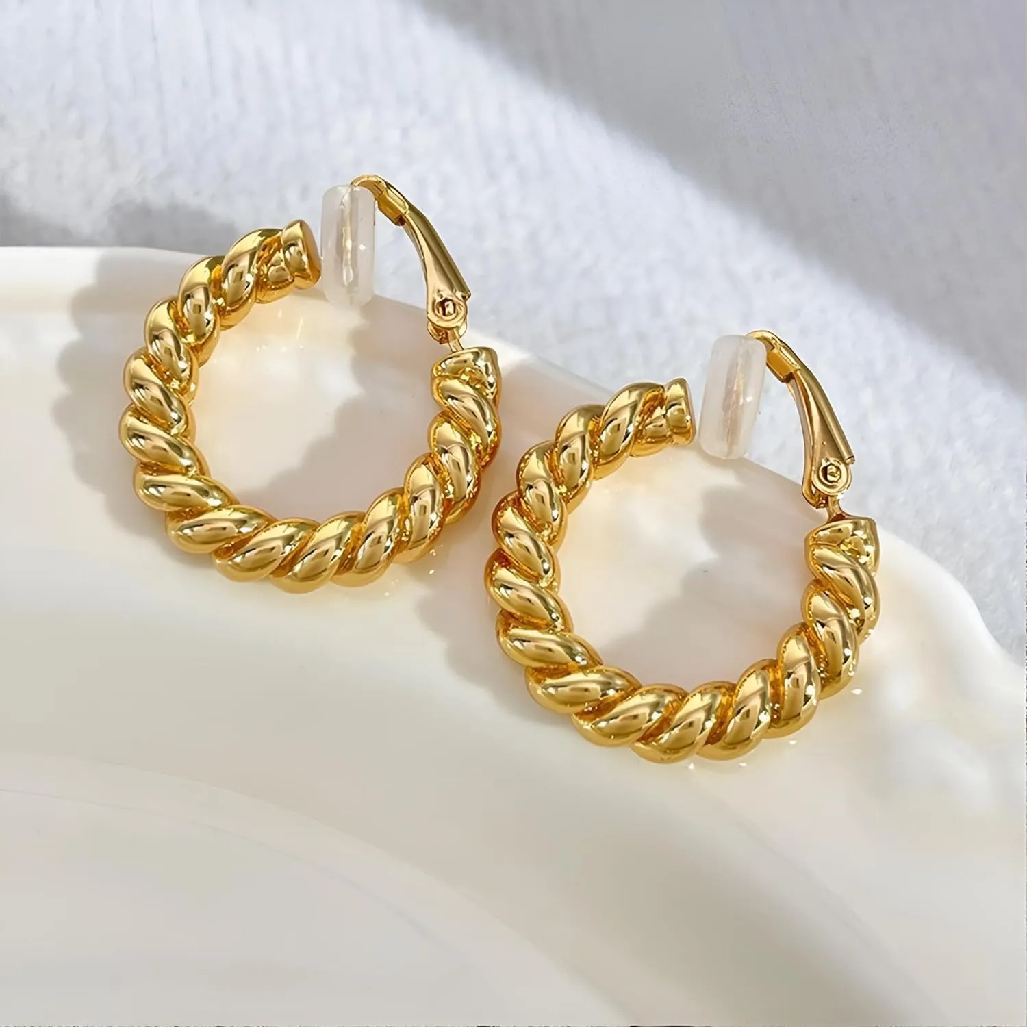 Gold Hoop Clip On Earrings for Women Twisted Thick Hoop Earrings Hypoallergenic Non Pierced Ears Hoops Jewelry