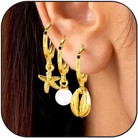 Gold Huggie Hoop Earrings Starfish Earrings for Women Pearl Cowrie Shell Earrings Boho Beach Earring for Women Summer Jewelry