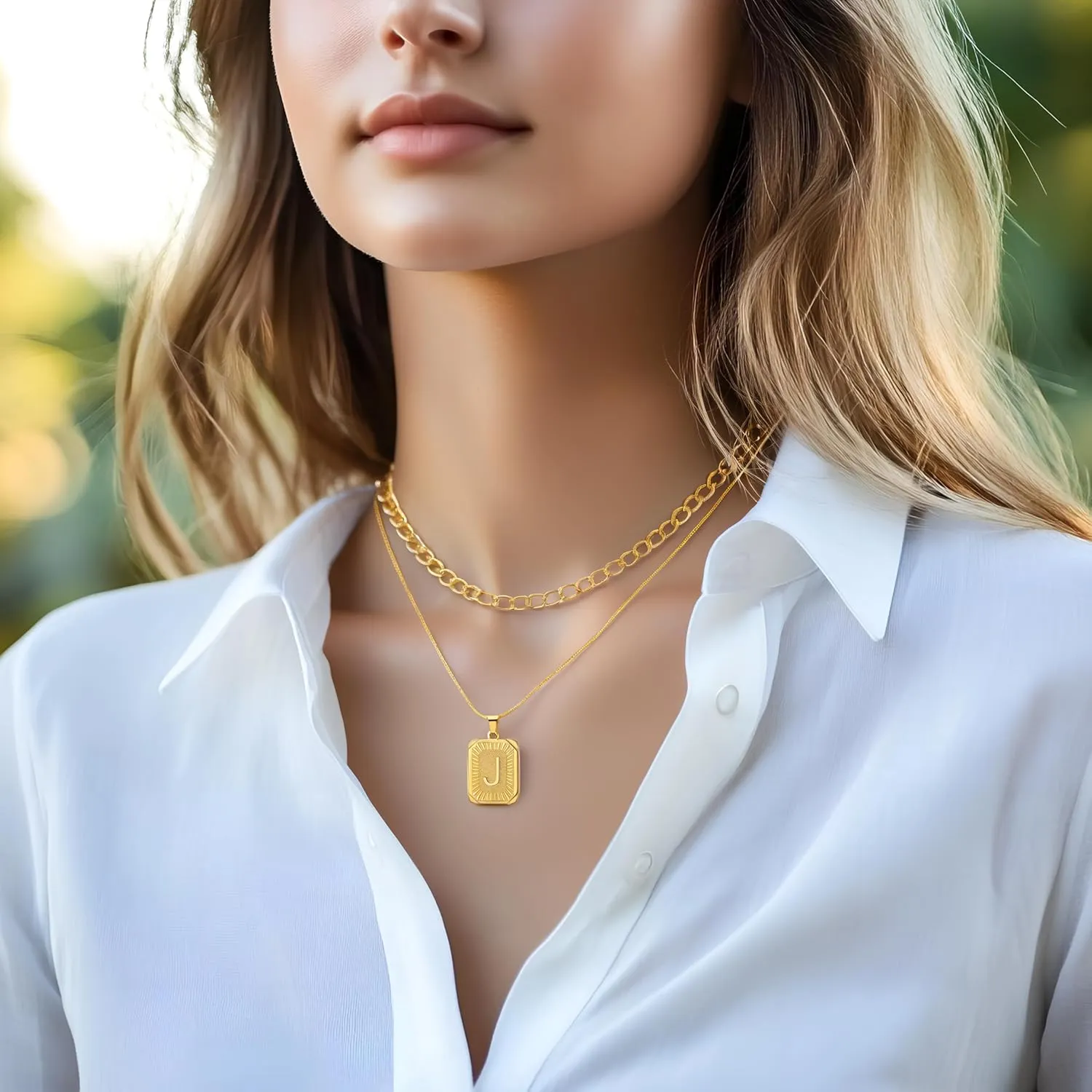 Gold Initial Necklaces for Women 14K Gold Plated Letter Necklace Square Pendant Layered Gold Choker Necklaces Set Trendy Jewelry