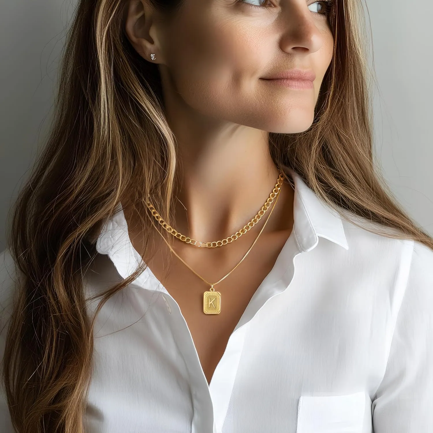 Gold Initial Necklaces for Women 14K Gold Plated Letter Necklace Square Pendant Layered Gold Choker Necklaces Set Trendy Jewelry
