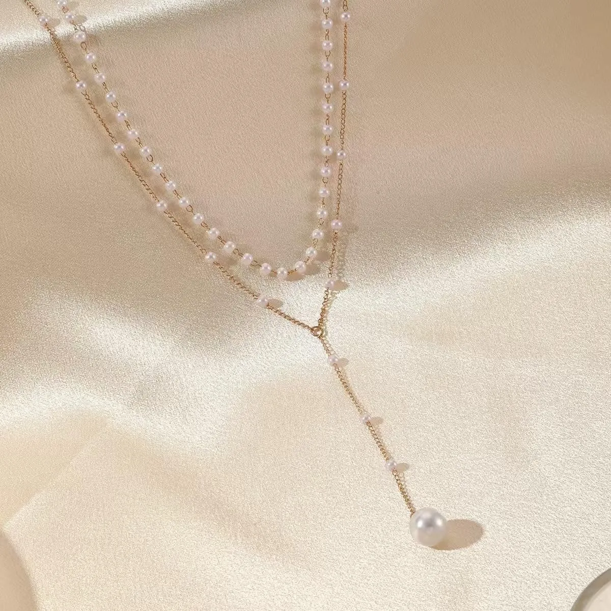 Gold Lasso Necklace for Woman Gold And Pearl Lasso Necklace Exquisite Waterproof Adjustable Y Shaped Sun Necklaces Layered Pearl Lariat Necklaces Jewelry