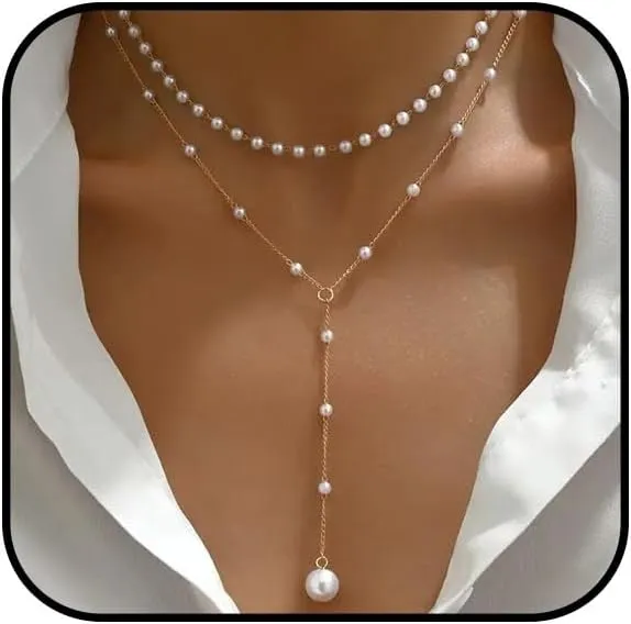 Gold Lasso Necklace for Woman Gold And Pearl Lasso Necklace Exquisite Waterproof Adjustable Y Shaped Sun Necklaces Layered Pearl Lariat Necklaces Jewelry