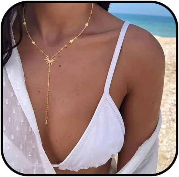 Gold Lasso Necklace for Woman Gold And Pearl Lasso Necklace Exquisite Waterproof Adjustable Y Shaped Sun Necklaces Layered Pearl Lariat Necklaces Jewelry