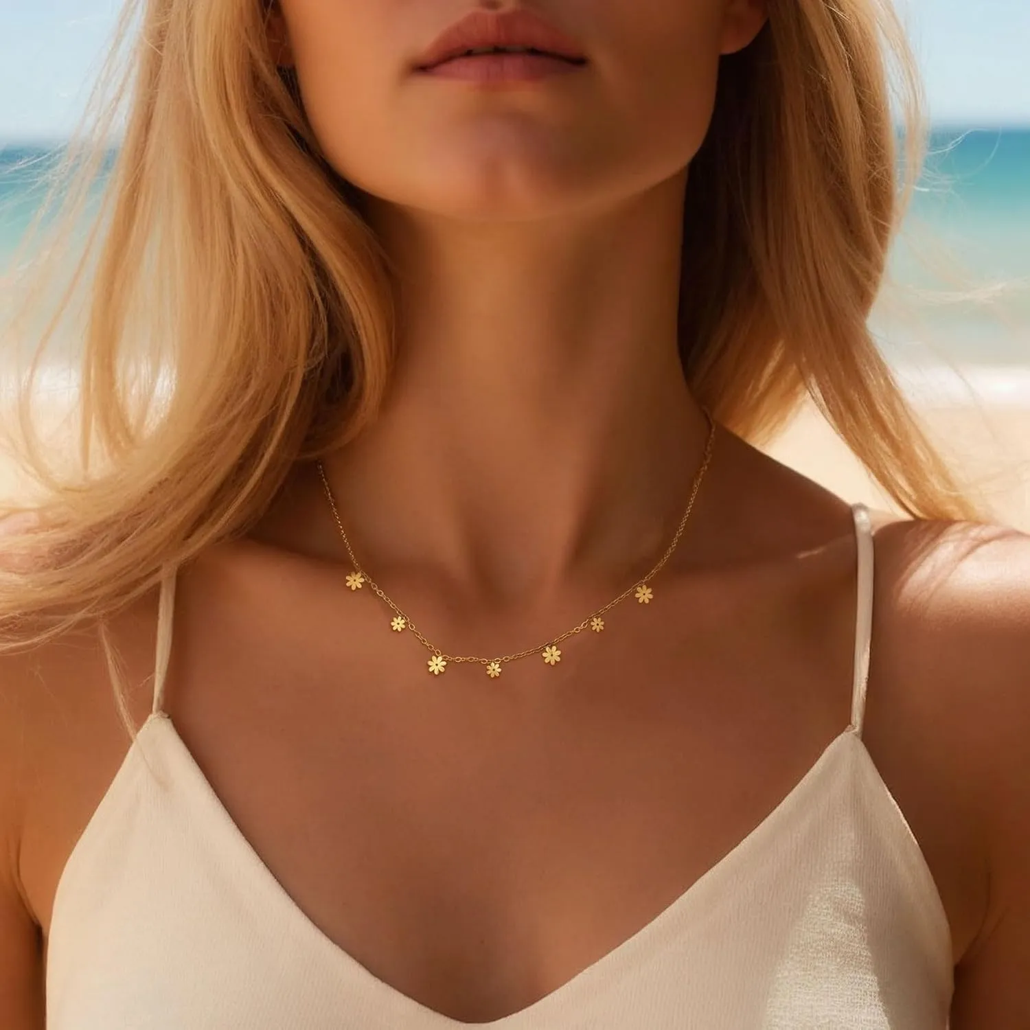 Gold Necklace for Women 14k Gold Plated Butterfly Star Flower Leaf Lightning Bolt Cross Station Necklaces Dainty Gold Charm Choker Necklace Minimalist Simple Jewelry Gift