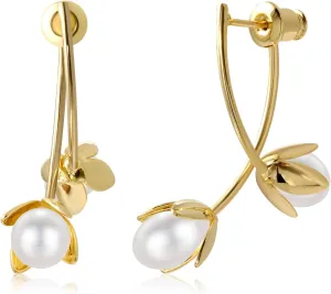 Gold Pearl Dangle Earrings for Women Ear Jacket Style Shaped Flower Earrings Front Back with Double Stud