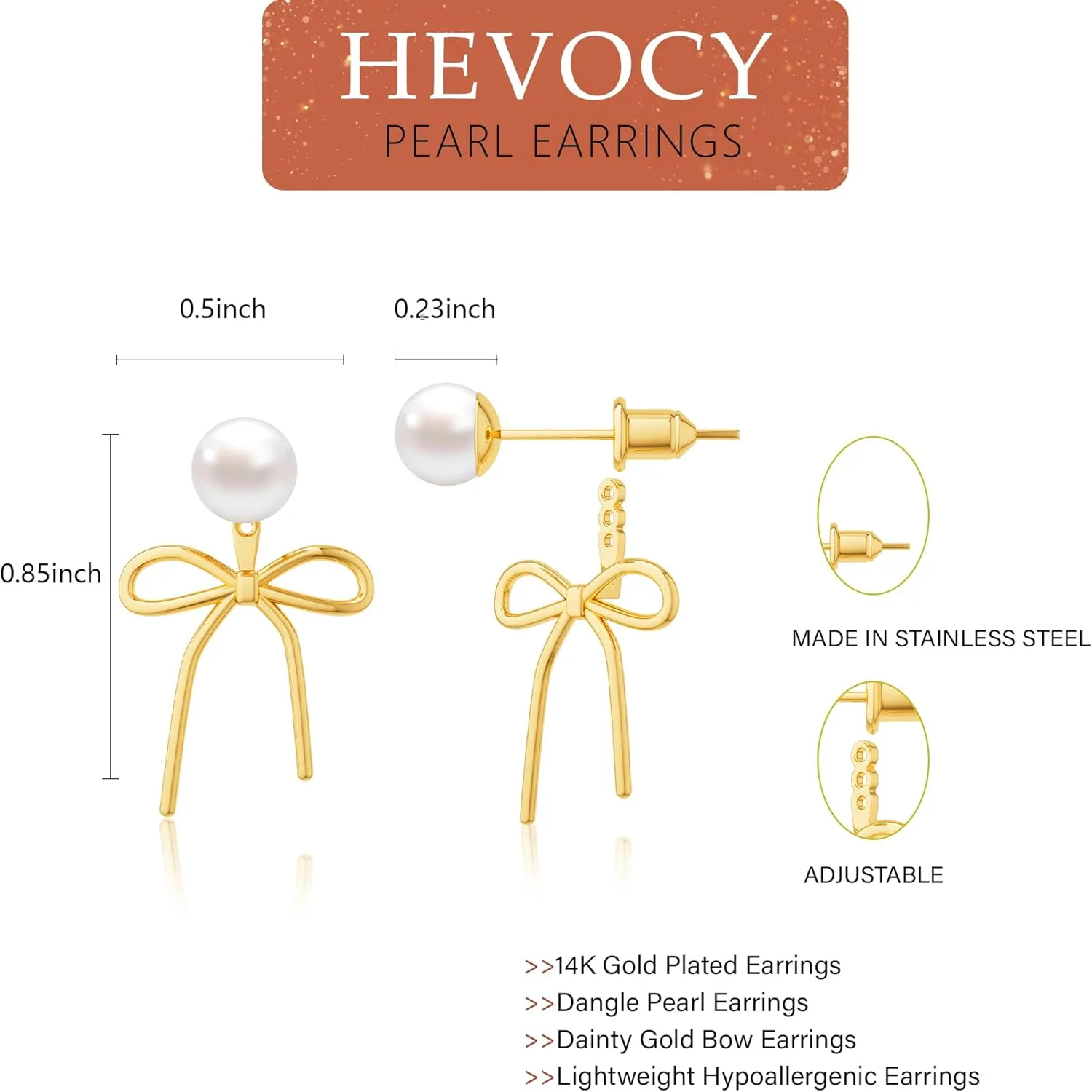 Gold Pearl Earrings for Women: Trendy Bow Earrings, 14k Gold Plated, Dainty Drop Pearl, Hypoallergenic Studs, Sparkly Diamond Hoops
