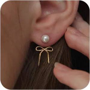 Gold Pearl Earrings for Women: Trendy Bow Earrings, 14k Gold Plated, Dainty Drop Pearl, Hypoallergenic Studs, Sparkly Diamond Hoops