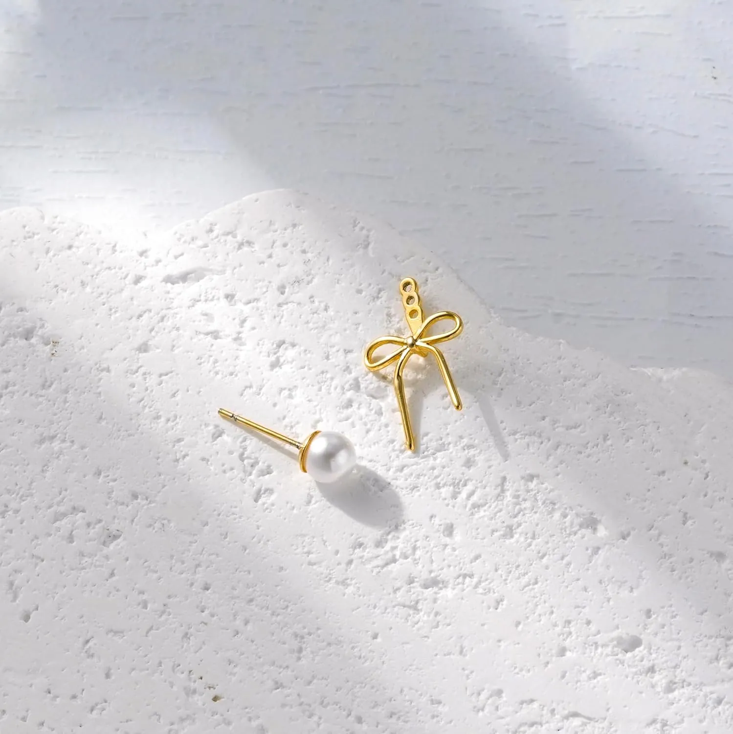 Gold Pearl Earrings for Women: Trendy Bow Earrings, 14k Gold Plated, Dainty Drop Pearl, Hypoallergenic Studs, Sparkly Diamond Hoops