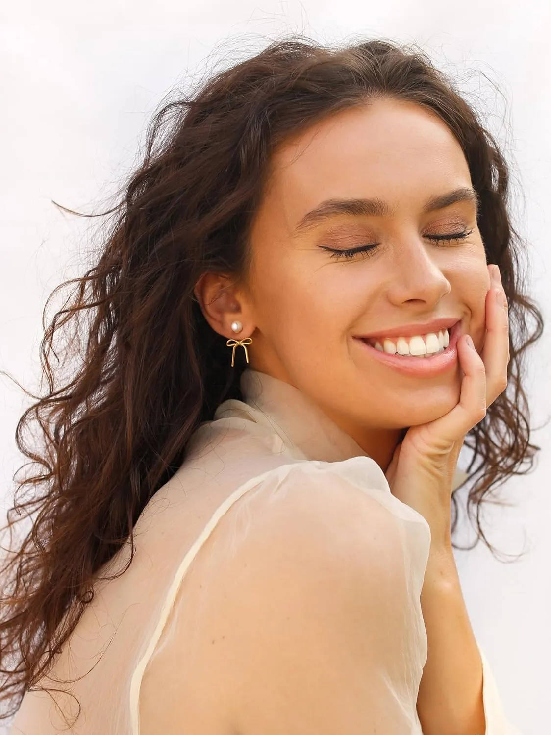 Gold Pearl Earrings for Women: Trendy Bow Earrings, 14k Gold Plated, Dainty Drop Pearl, Hypoallergenic Studs, Sparkly Diamond Hoops