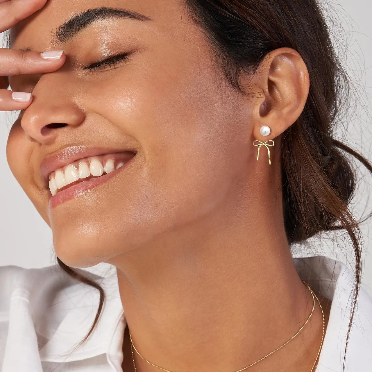 Gold Pearl Earrings for Women: Trendy Bow Earrings, 14k Gold Plated, Dainty Drop Pearl, Hypoallergenic Studs, Sparkly Diamond Hoops