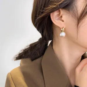 Gold Pearl Hoop Earrings,Pearl Earrings for Women,Dainty 14K Gold Plated/925 Sterling Silver Drop Quality Round Pearls Dangle Earrings Wedding Jewelry for Women Gifts