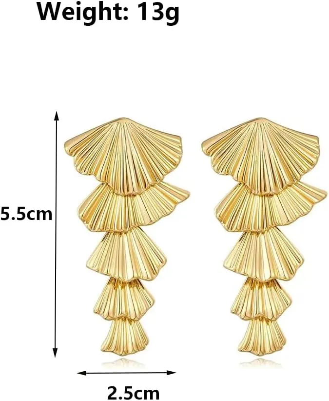 Gold Plated Seashell Drop Dangle Earrings for Women,Two Tone Big Chunky Metal Fold Leaf Earrings,Geometric Jewelry Gifts for Party Prom