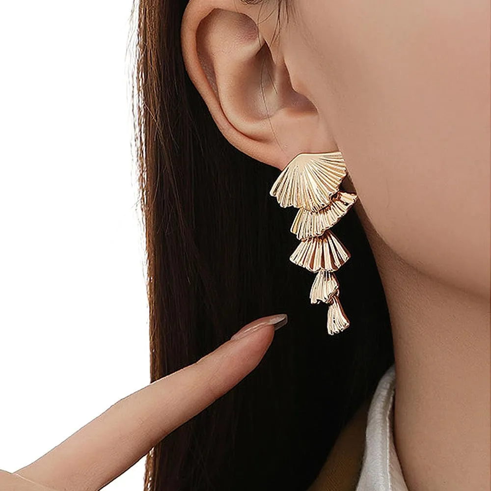 Gold Plated Seashell Drop Dangle Earrings for Women,Two Tone Big Chunky Metal Fold Leaf Earrings,Geometric Jewelry Gifts for Party Prom