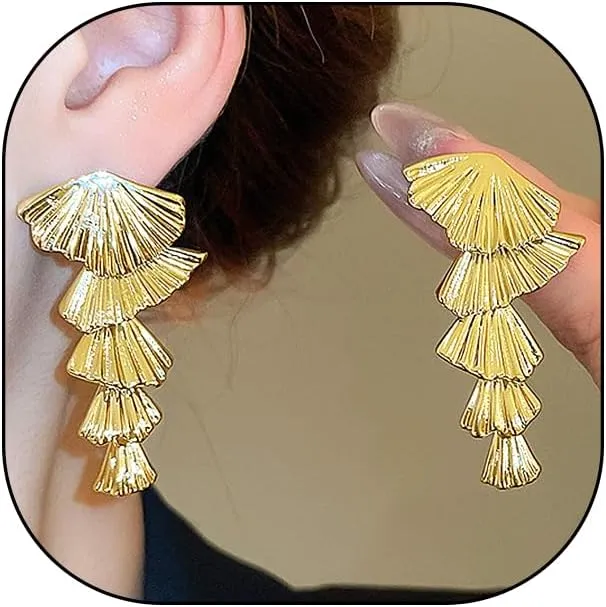 Gold Plated Seashell Drop Dangle Earrings for Women,Two Tone Big Chunky Metal Fold Leaf Earrings,Geometric Jewelry Gifts for Party Prom