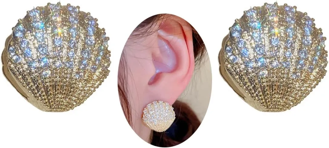 Gold Seashell Stud Earrings for Women Glittering Crystal Shell Earrings Boho Beach Surfer Earrings 3D Vintage Scallop Buckle Earrings Hawaiian Beach Ocean Jewelry Gifts